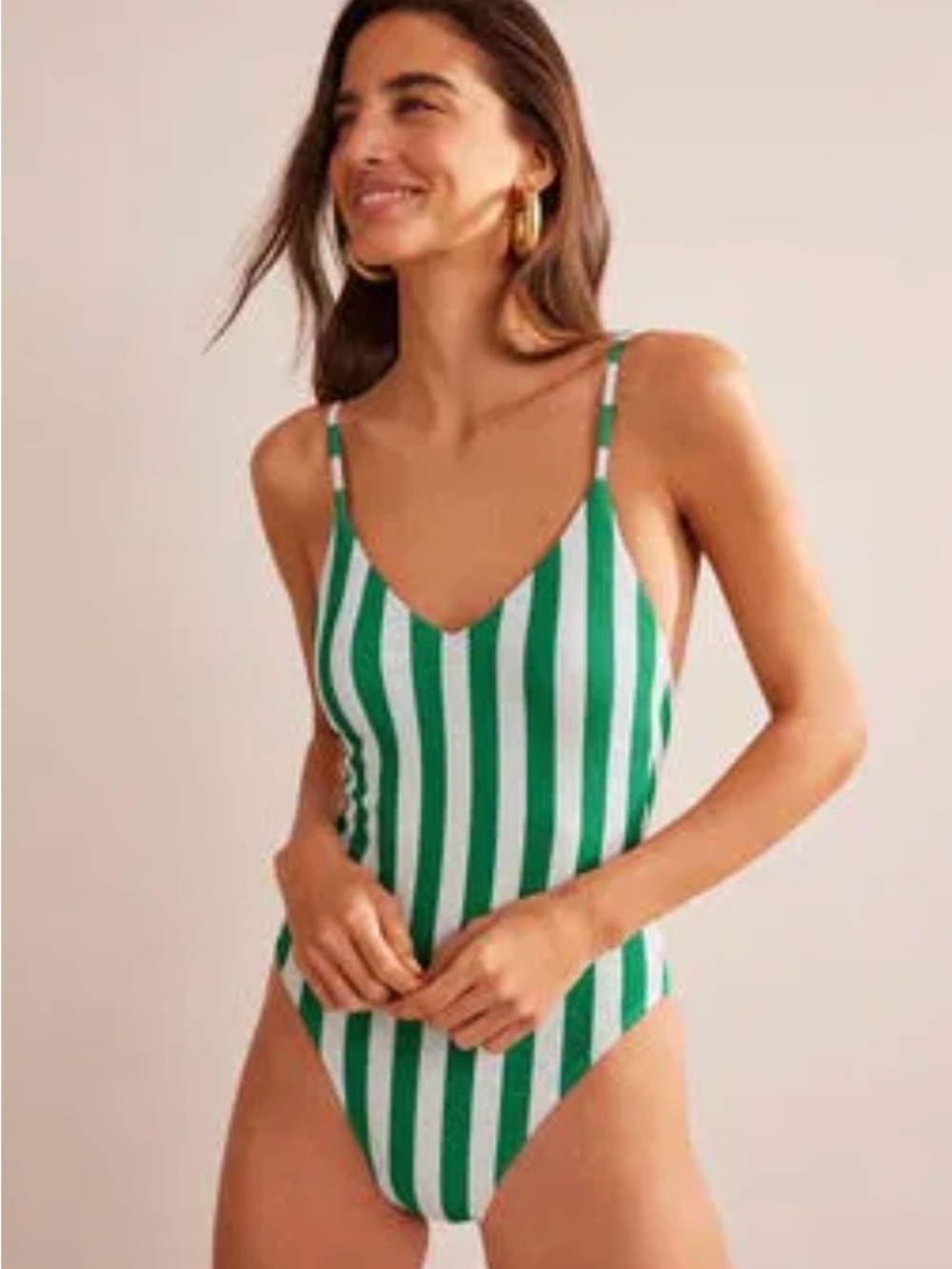 Boden Skinny Strap Stripe Green & White Swimsuit